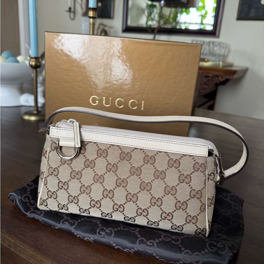 Authentic Gucci Monogram GG Canvas Abbey D Ring Pochette Mini Shoulder Bag